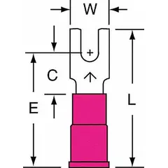 Insulated fork terminal from 3M's MVU18 series, featuring a red vinyl insulation and butted barrel style. Designed for #4 stud size, accepting 22 AWG to 18 AWG wire with a 600 V rating. Suitable for electrical connections in control panels, automation equipment, and power distribution systems.