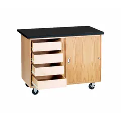 Fixed-height lab table with a beige oak laminate countertop and swivel casters. Overall dimensions: 28 in width, 36 in height, 4 ft length. Suitable for educational and light industrial settings where a durable, stain-resistant work surface is required.