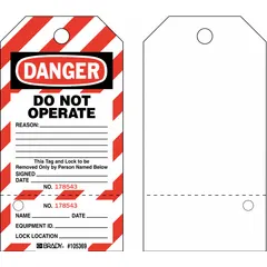 Paper danger tag with 'Danger, Do Not Operate' legend in English. Write-on surface allows custom hazard communication. Used for temporary lockout/tagout safety procedures during equipment servicing in industrial environments.