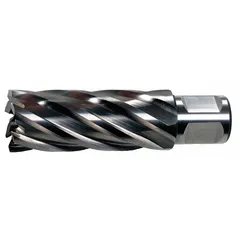 This annular cutter is made from high-speed steel with a bright finish, featuring a 3/4 in diameter and 3 in maximum cutting depth. Designed for stacked drilling, it cuts through multiple layers of metal in fabrication and structural steel work without pre-drilling. The Weldon Flat shank ensures secure holding in compatible power tools.