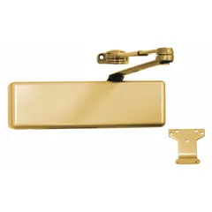 This Grade 1 heavy duty door closer features a parallel arm-mount design for push-side installation on interior or exterior doors. The bronze finish and adjustable spring size 4 accommodate various door sizes and conditions. ADA compliant, it measures 10 3/8 inches long by 2 3/4 inches wide.