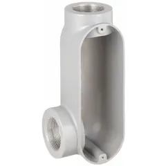 Aluminum LL - 90° elbow type conduit outlet body with 2-1/2 in trade size and 142 cu in body capacity. Features a powder-coated finish, threaded hubs, and includes set screw hubs. Designed for use with IMC. Provides a pulling point or access for wire installation in conduit systems.