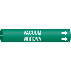 Green pipe marker with white 'Vacuum' legend and directional arrows. Fits pipe O.D. from 1-1/2 to 2-3/8 in. Used to identify vacuum lines in industrial piping systems, supporting safety and compliance with labeling standards.