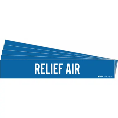 BRADY Pipe Marker: Relief Air, Blue, White, Fits 8 in and Larger Pipe O.D., 1 Pipe Markers - Relief Air Adhesive Pipe Markers