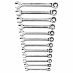 This set includes metric 12-point ratcheting combination wrenches made of alloy steel with a satin finish. Head sizes range from 8 mm to 19 mm. The ratcheting box end enables faster fastener tightening and loosening without repositioning the wrench. Suitable for automotive repair, machinery maintenance, and industrial assembly tasks.