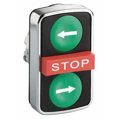 Non-illuminated three-button push-button operator with metallic extended profile. Features momentary/momentary/momentary contact operation and a left arrow actuator. Suitable for industrial control panels requiring multi-function push-button input for sequential or directional commands.