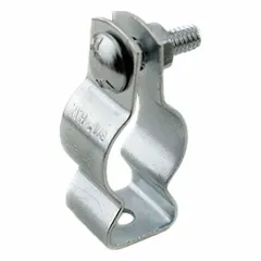 Steel, zinc-plated screw-on hanger for supporting 3/4 in RMC rigid conduit. Used in electrical installations to secure conduit runs to structural surfaces.