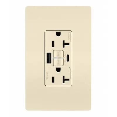 LEGRAND Receptacle: Duplex, 5-20R, 2 USB Ports, USB Type A/C, Light Almond, 125V AC - Weather-Resistant Receptacles with USB Chargers