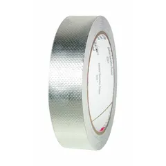 Silver, acrylic tape with embossed foil construction for electrical conductivity and grounding. 1 inch wide, 18 yards long, 4 mil thick, rated 600 V. Used for EMI shielding, cable repair, and grounding connections in electrical systems.