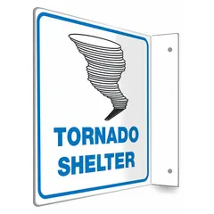 L-Shape Projection Tornado Shelter Sign with 8 in x 8 in nominal size, made of PETG. Features mounting holes for installation. Not retroreflective and does not glow in the dark. Used to indicate tornado shelter locations in facilities.