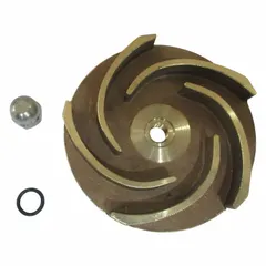 This bronze impeller features a semi-open design for straight centrifugal pumps. It includes a lock nut for secure installation. Suitable for use as a replacement part in compatible Dayton straight centrifugal pumps.