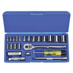 This 23-piece SAE socket set includes standard sockets ranging from 3/16 in to 7/8 in with both 12-point and 6-point configurations. The set features a 3/8 in drive and is suited for tightening and loosening fasteners in automotive repair, machinery maintenance, and general industrial assembly.