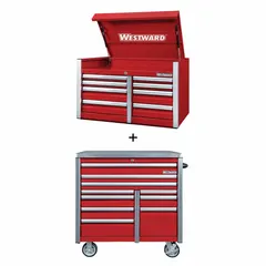 This extra-heavy-duty top chest and rolling cabinet combo provides 18 drawers with ball-bearing slides for organized tool storage. The keyed locking system secures contents. Overall dimensions: 42 in W x 25 3/4 in D x 73 1/2 in H. Suitable for industrial workshops, garages, and maintenance facilities.
