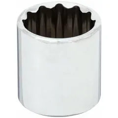 This 3/8" drive hand socket features a 1" SAE hex size with a 12-point configuration for improved grip on fasteners. Constructed from chrome, it has a standard depth and 1" overall length. Suitable for tightening or loosening bolts and nuts in automotive repair, machinery maintenance, and general assembly tasks.