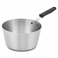 Aluminum sauce pan with tapered body for even heat distribution. Flat cover and riveted black silicone handle. NSF certified for foodservice use. Suitable for simmering sauces, soups, and side dishes in commercial kitchens.