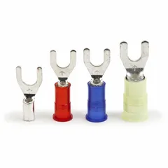 Yellow nylon-insulated locking fork terminal for #8 studs, accepting 12 AWG to 10 AWG wire. Rated 600 V with insulation grip barrel. Used for secure electrical connections in control panels, machinery, and power distribution.
