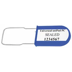 Plastic padlock seal with a 1 3/16 in hasp and 100 lb breaking strength. Features black sequential numbering and the marking message 'Sealed'. Supplied in a 50-pack for securing containers, cabinets, and equipment in logistics and industrial settings.