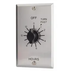 Spring-wound mechanical timer with wall plate for basic on/off control of electrical loads. Features a 1-hour minimum and 12-hour maximum timing range, DPST switch rated for 125V AC, and silver finish. No hold function included. Suitable for lighting, fans, or other equipment requiring timed operation without external power.