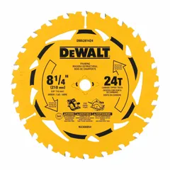 Carbide circular saw blade with 8-1/4 in diameter, 24 teeth, 0.09 in kerf, and 5/8 in arbor. Designed for ripping and crosscutting lumber, plywood, and composite wood materials in framing, decking, and general construction.