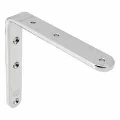 Standard duty shelf bracket made from 304 stainless steel with a mirror finish. Rated for 28 lb capacity. Suitable for light-duty shelving in environments requiring corrosion resistance and a clean appearance, such as food processing, laboratories, or marine settings.
