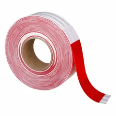 This red/white reflective tape is designed for marking applications on vehicles and trailers to improve visibility. It features an acrylic adhesive for outdoor durability and is supplied in a 2-inch width by 50-yard length.