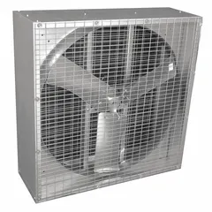 Belt-driven box exhaust fan with a 48-inch blade and 1 hp motor. Operates on 115/230V AC single-phase power with a Totally Enclosed Air Over design. Ships unassembled. Suitable for general ventilation applications such as barns, poultry houses, and greenhouses.