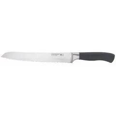 This 9 in bread knife features a forged steel serrated blade that slices through crusty breads and baked goods without crushing soft interiors. The black Santoprene handle provides a comfortable grip. NSF certified for commercial food service use.