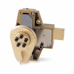Mechanical keyless deadbolt with push-button code entry, eliminating keys and batteries. Suitable for commercial and industrial doors up to 2 1/8 inches thick. Brass finish.