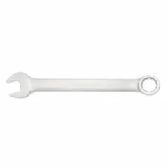 Alloy steel combination wrench with satin finish. 12-point box end and open end. 2-9/16 in head size, 32 in overall length, offset design. Used for tightening or loosening SAE hex fasteners in heavy-duty applications requiring high torque.