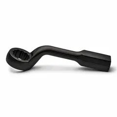 This SAE single-end 12-point box end wrench features a 2-inch head size and 13-inch overall length. The offset design provides clearance for recessed fasteners, and the black oxide finish offers corrosion resistance. Suitable for heavy-duty striking applications requiring high torque on large fasteners.