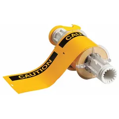 Yellow vinyl precut label roll with CAUTION header, available in 4 in x 6 in and 6 in x 4 in sizes. Features an acrylic adhesive and is designed for use with the BBP85 printer series. Suitable for industrial safety labeling applications such as marking equipment, pipes, or areas requiring a caution notice.