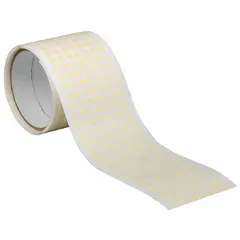Pre-cut 1/8 in diameter tan discs made from crepe paper with a rubber adhesive. 7.5 mil thick, designed for indoor use on wood surfaces. Suitable for high-temperature masking applications such as painting and finishing where heat resistance is required during curing or drying.