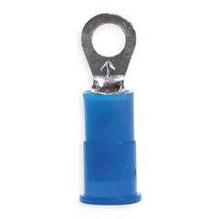 Nylon-insulated ring terminal for 16 to 14 AWG wire, with #6 stud size and 1000V rating. Used for secure electrical connections in control panels, machinery, and power distribution systems requiring vibration-resistant terminations.