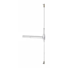 This concealed vertical rod exit device features a touchbar style and chrome finish. Designed for doors up to 3 ft wide, it integrates into the door edge for a clean appearance. Suitable for use in commercial and industrial facilities requiring code-compliant egress.