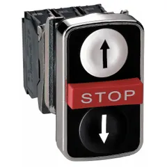 Metallic multihead push-button operator from the XB4 series with three momentary buttons and a Stop function. Extended profile design for industrial control panel applications requiring compact, non-illuminated operation.