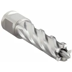 High-speed steel annular cutter with 7/16 in diameter and 2 in maximum cutting depth. Bright finish, Weldon Flat shank, includes pilot pin. For use with magnetic drilling machines to cut clean holes in metal.