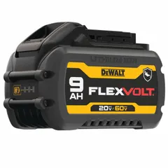 The DEWALT DCB609G is a FLEXVOLT battery with 9 Ah capacity, automatically switching between 20V and 60V depending on the tool. It features an oil-resistant housing for durability. Suitable for powering high-drain cordless tools such as grinders, saws, and hammer drills in construction and fabrication tasks.