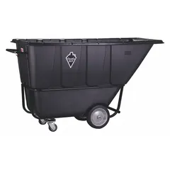 Steel-reinforced plastic tilt truck with 27 cu ft capacity and 2100 lb load rating. Flat black body measures 77 in L x 34 1/2 in W x 43 1/4 in H. Equipped with two axle-mounted casters for maneuverability on flat surfaces. Suitable for transporting bulk materials in industrial and warehouse settings.