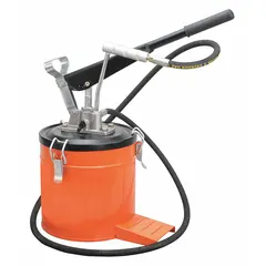 This lever handle grease drum pump is constructed with a housing made of aluminum, brass, nitrile, and steel. It is designed for transferring grease from standard drums in industrial maintenance, automotive, and manufacturing settings.