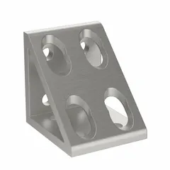 This gusseted inside-corner bracket from the 45 Series is made of anodized aluminum. It measures 86 mm x 90.1 mm x 90 mm and has 8 holes. Used to reinforce 90-degree inside corners in aluminum framing structures for applications such as machine guards, workstations, and automation systems.