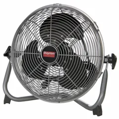 This non-oscillating floor fan from Dayton is designed for home and office use. It features a 12-inch aluminum blade, a single-phase 120V AC motor, and three speed settings. The fan measures 14 inches in height and 16 inches in width, providing focused airflow in a fixed direction.