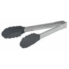 These tongs feature a nylon blade suitable for use with nonstick cookware. The scalloped design provides secure grip. NSF certification indicates compliance with sanitation standards for foodservice environments.