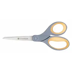 These plastic-handle scissors have an 8-inch overall length with straight, pointed blades and a Titanium Bonded coating. The yellow-colored scissors are designed for ambidextrous use and are suitable for cutting adhesives and general-purpose tasks in industrial, packaging, and light manufacturing settings.