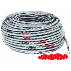Standard metal-clad cable with 12 AWG copper conductors, 3 conductors, 250 ft length, and aluminum armor. Used for power distribution in commercial and industrial settings where mechanical protection and grounding are required.