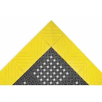 This drainage mat features a diamond-plate pattern in black with a yellow border. Constructed of 1-inch thick PVC, it allows fluids to drain beneath the surface, providing a slip-resistant and fatigue-reducing flooring solution for wet areas such as kitchens, processing lines, and entryways. The mat is not reversible