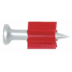 Pack of 100 knurled pins for use with powder-actuated tools. Each pin has a 0.3 in head diameter and 0.15 in shank diameter, with an overall length of 1/2 in. The knurled shank aids in secure retention within the tool barrel. Commonly used for fastening materials to concrete or steel in construction and industrial applications.