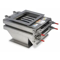 This rectangular grate magnet with housing uses rare earth primary magnet material for magnetic separation. The stainless steel frame encloses the grate for installation in material handling systems. It is used to remove ferrous contaminants from free-flowing materials such as powders, granules, and pellets.