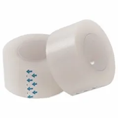This water-resistant first aid tape is made of clear plastic with an adhesive, latex-free coating. Each roll measures 3/4 inch wide by 1/2 yard long, supplied in a bulk pack of 144 standalone rolls. It is non-sterile and non-elastic, meeting FDA standards. Suitable for securing dressings and bandages in general first-aid applications.