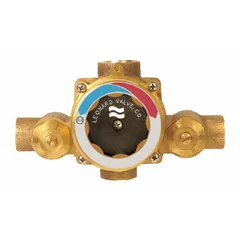 Thermostatic mixing valve with 3/4-inch inlet and outlet connections. Includes wall support for secure mounting. Blends hot and cold water to maintain a set outlet temperature for applications such as commercial showers, process water, and washdown stations.