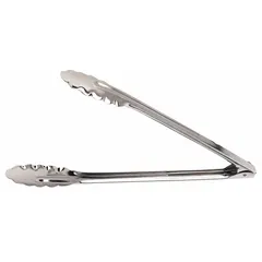 Stainless steel scalloped tongs with 16 in overall length and 0.8 mm gauge blade. Silver finish, uncoated handle. Suitable for handling hot or cold items in food service and light assembly tasks.